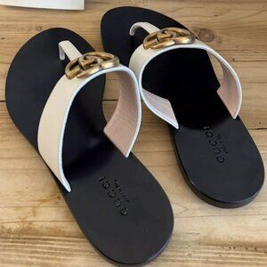 NEW Gucci Marmont GG Leather T Strap Thong Flat Sandals Shoes Cream Size 39